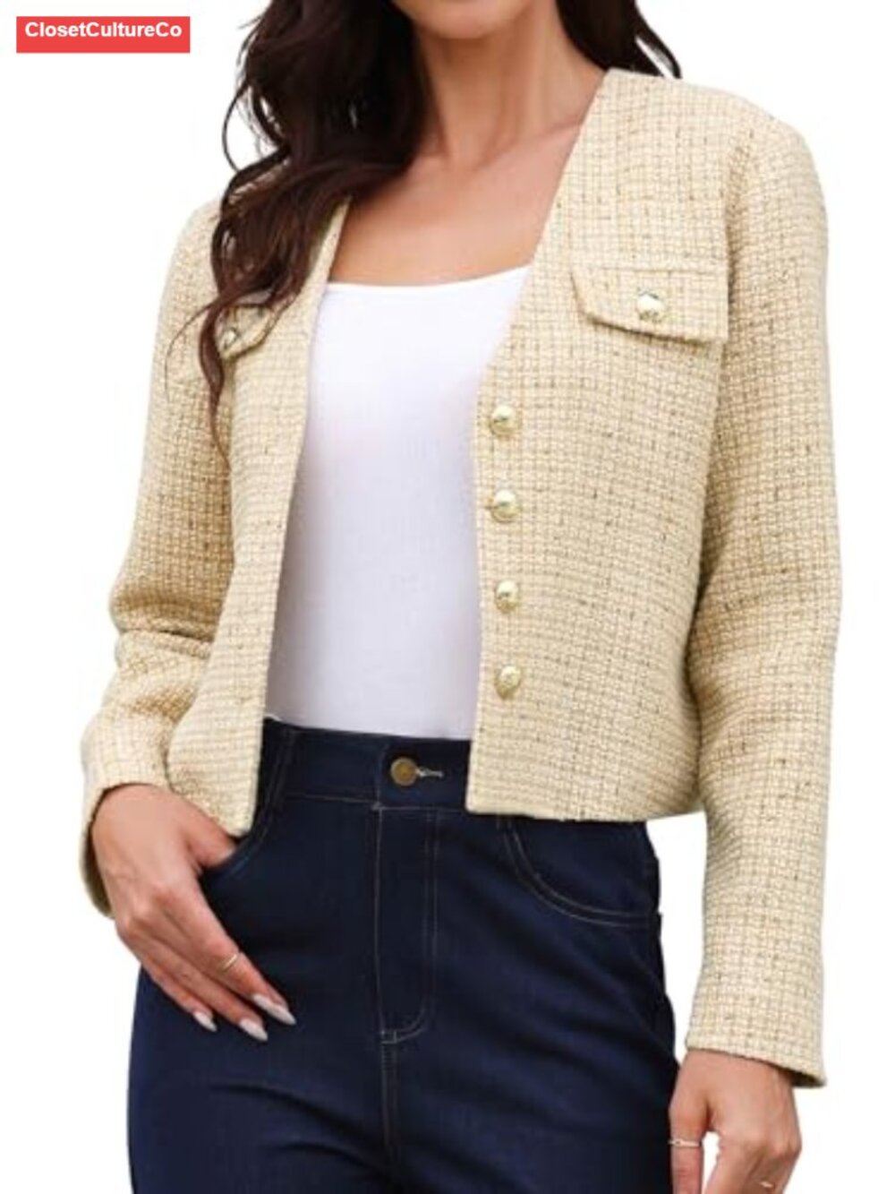 Tweed Cropped Blazer Collarless Business Casual Jacket